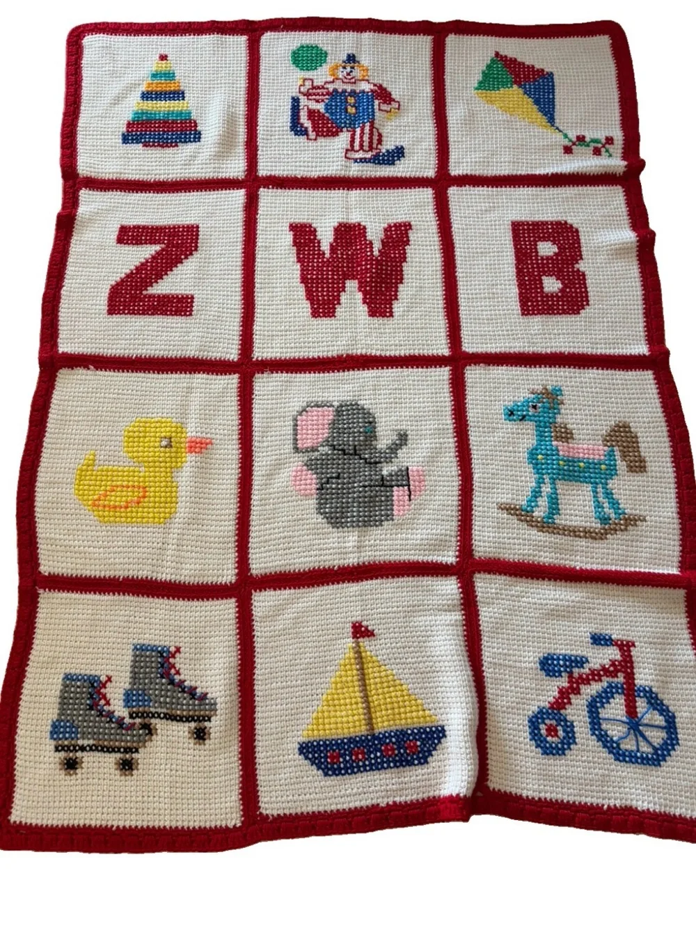 Lot Of 2 1980'S Vintage Primary Colors Hand Crochet Baby Toddler Crib Blankets